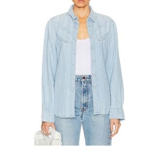 MOTHER DENIM CHAMBRAY SHIRT WESTERN POCKETS DISTRESS SHACKET
